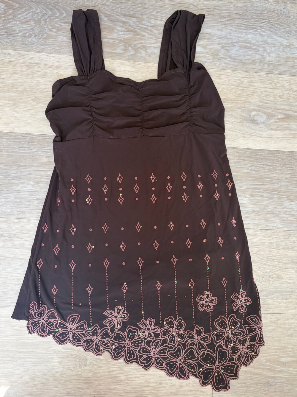 Reina Y2K Brown Embroidered Asymmetrical Tunic Top M/L
